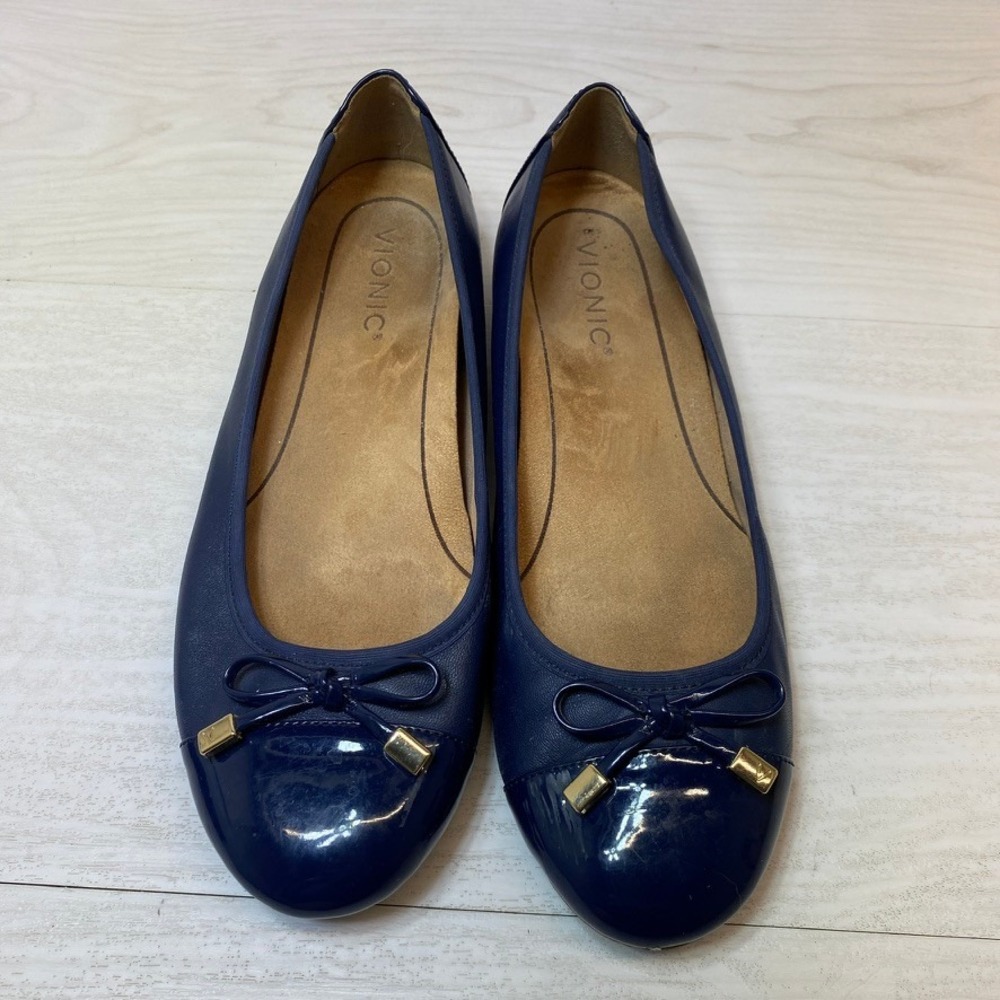 Vionic Womens 8.5 Minna Ballet Flat Orthotic Navy Blue Leather Patent Bow Toe
